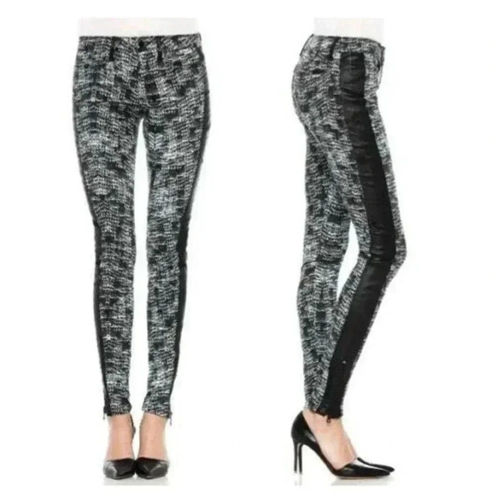 Houndstooth Leather Trim Skinny Jeans Zipper Ankles Sz‎ 27 Joe's Jeans